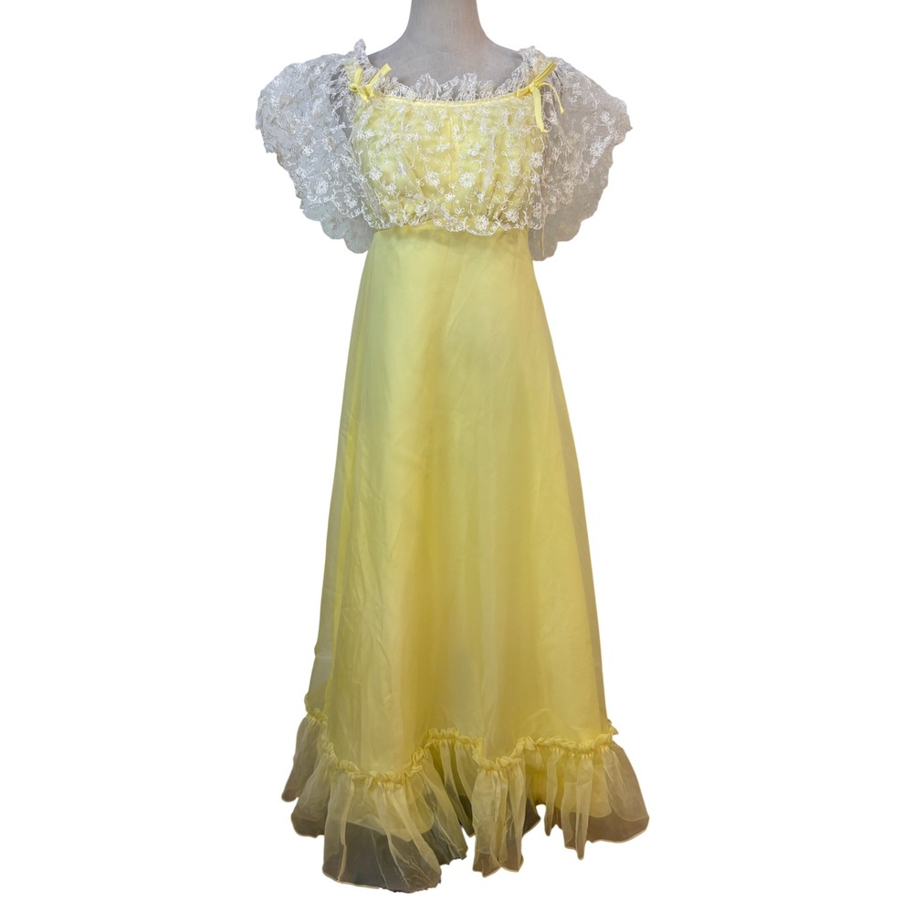 Vtg 70s Maxi Dress Womens S Yellow Lace Capelet Ruffle Boho praire party wedding